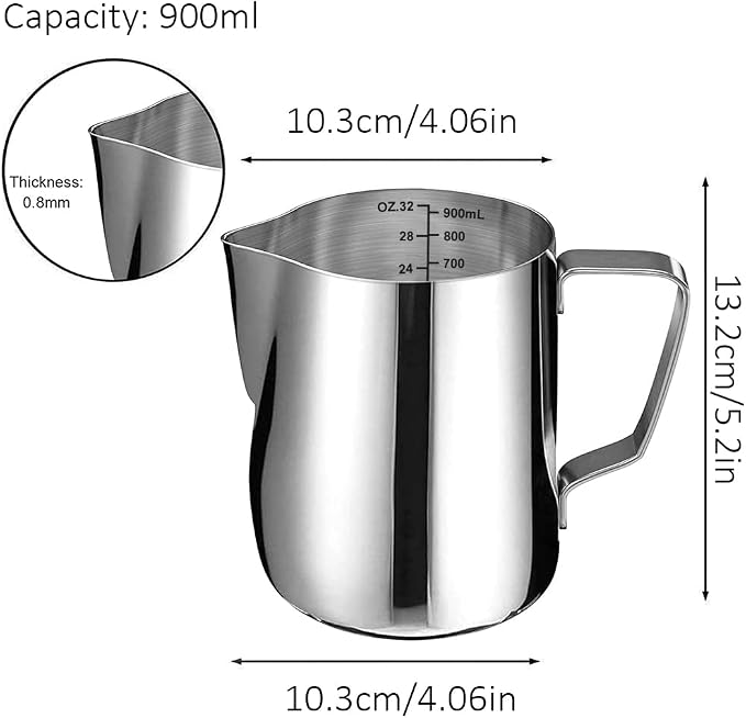Milk Frothing Jug, Milk Frothing Pitcher Pouring Jug Espresso Cup with Measurement Inside 32oz/900ml Stainless Steel Creamer Cup for Making Coffee Cappuccino Hot Chocolate Machine