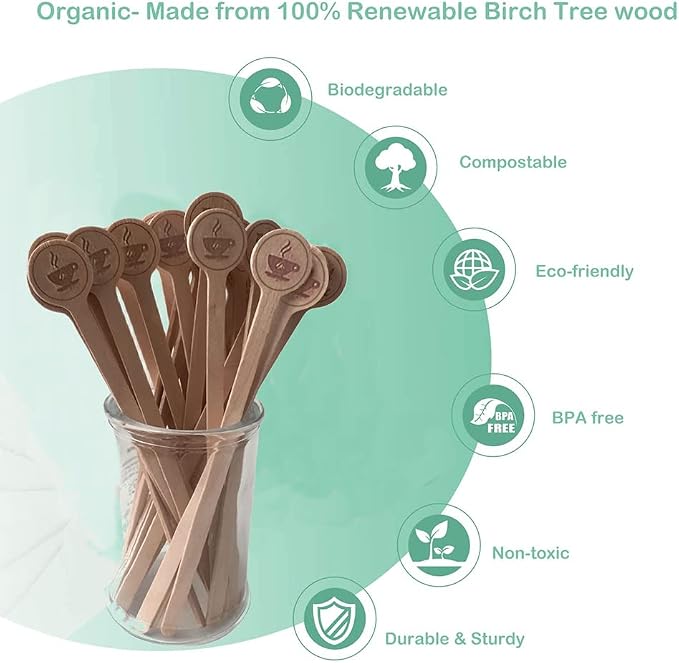 Coffee Stirrers Stir Sticks Wooden Beverage Mixer with Round Ends,Disposable Environmentally Friendly Biodegradable Cafe Grade Beverage Stir Sticks for 6 Inch Coffee Milk Cocktail Tea (100)