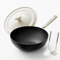 Carbon Steel Wok Pan - 11.8 Inch Pre-Seasoned Flat Bottom Chinese Woks & Stir Fry Pans with Lid, Lightweight Kitchen Cookware for All Stovetops, Gas, Electric, Gift for Women/Mom with Spatula Spoon