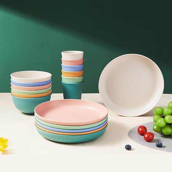 18pcs Wheat Straw Dinnerware Sets,HXYPN Unbreakable Reusable Dinnerware Set | Kitchen Cups Plates and Bowls Sets Dishwasher Microwave Safe Plates
