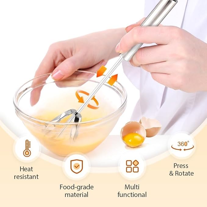 Stainless Steel Semi-Automatic Whisk Wider Hand Push Rotary Whisk Versatile Hand Push Mixer Stirrer Tool Rotary Egg Beater for Cooking, Blending, Mixing, Stirring, Whipping (10in)