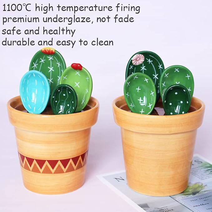 Cactus Measuring Spoons Set in Pot Ceramic Cute Measuring Cups and Spoons Unique Baking Gifts for Dry Wet Ingredients Dishwasher Safe 1 Tbsp 1 TSP 1/2 TSP 1/4 TSP 1 Cup Blue