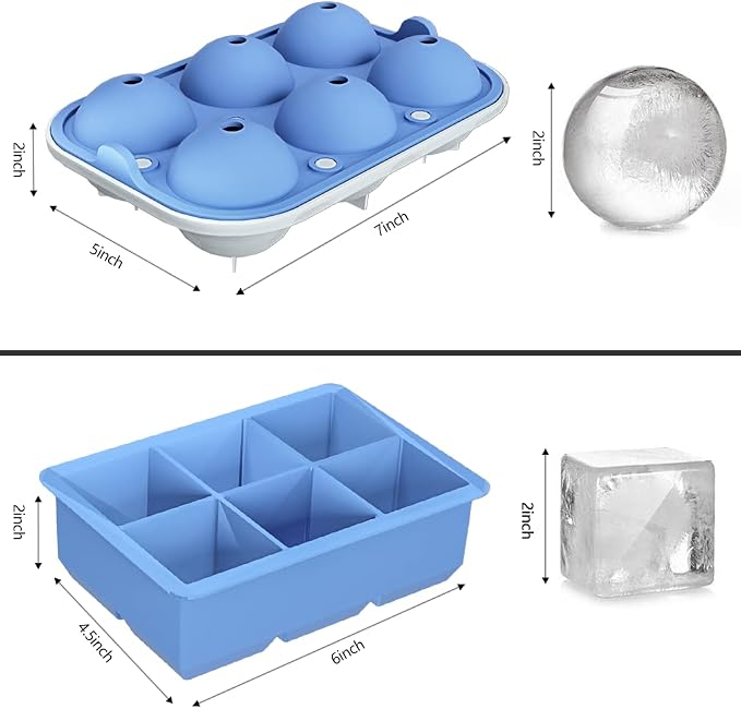 2 Pack Ice Cube Tray, 2" Sphere Ice Ball Mold with Lid & Large Square Maker | Perfect for Whiskey, Cocktails, Bourbon, and Homemade Drinks, Creating Slow-Melting Ice That Keeps Beverages Chilled Longer