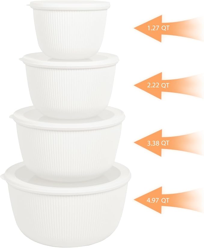 BoxedHome Plastic Mixing Bowls with Lids Set,4.97QT Large Capacity Deep Nesting Bowl,8 Pieces Set BPA-Free Prep Bowls,Dishwasher & Microwave Safe,Beige