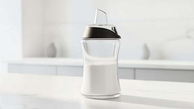 J&M DESIGN Glass Sugar Dispenser with Pour Spout for Coffee Bar, Tea and Kitchen Baking, Auto-Pouring Airtight Lid - 7.5 Oz Container