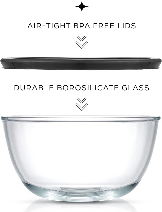 JoyJolt Kitchen Mixing Bowls - 8pc Glass with Lids Set – Neat Nesting Large Bowl Batter Cooking Storage and Big Salad BPA-Free Black
