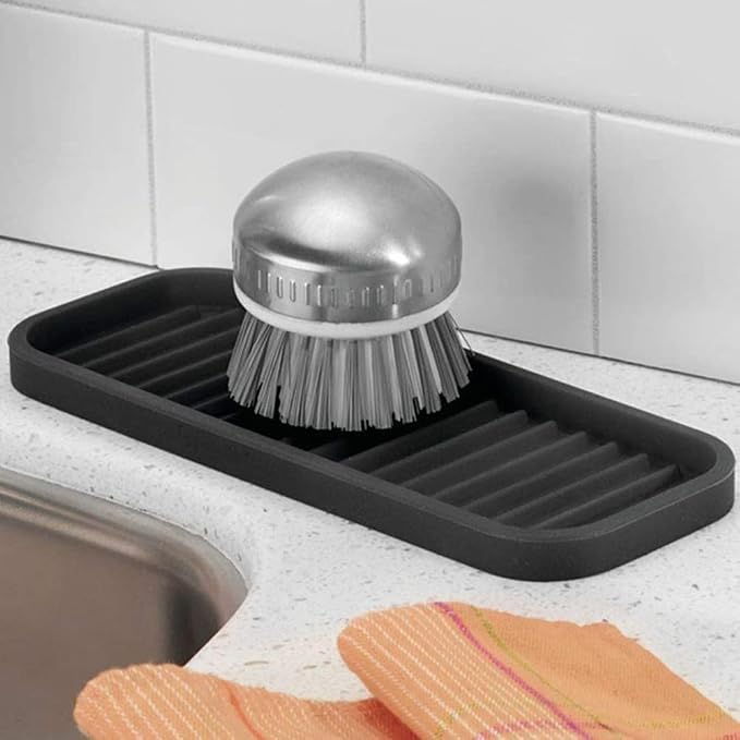 Small Silicone Heat Resistant Mat for Curling Iron, Heat Pad for Hot Hair Tools, Kitchen Sink Organizer Tray and Sponge Holder for Bathroom Counter, Groove Coasters for Drinks (Gray)