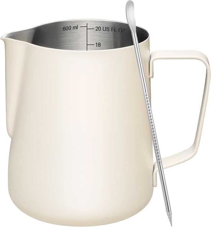 Amrules Milk Frothing Pitcher 20oz Frother Cup Barista Tools, White | 18/8 Stainless Steel, 20oz Capacity with Clear Scale, with Decorating Pen, Ergonomic Handle, for Cappuccino, Latte & Espresso