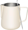 Amrules Milk Frothing Pitcher 20oz Frother Cup Barista Tools, White | 18/8 Stainless Steel, 20oz Capacity with Clear Scale, with Decorating Pen, Ergonomic Handle, for Cappuccino, Latte & Espresso