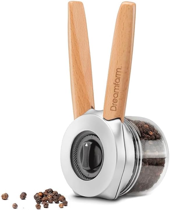 Dreamfarm Ortwo 1-or-2 Handed Pepper & Spice Grinder | Ergonomic spice, seed and coffee mill, 6 adjustable grind settings, 2oz refillable glass jar, beechwood