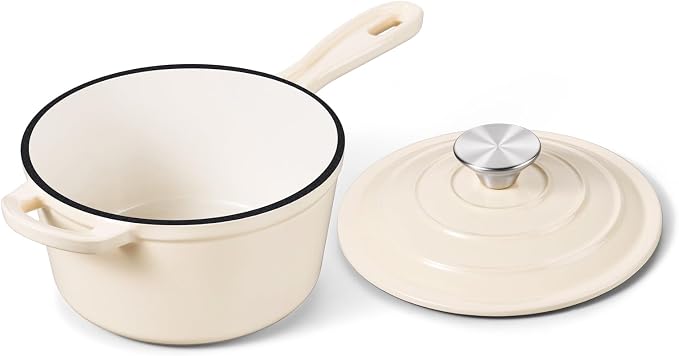 Onader Enameled Cast Iron Sauce Pan, 1QT Small Saucepan with Lid, Cast Iron Sauce Pot, Enamel Dutch Oven, Nonstick & Heavy Duty – Cream White