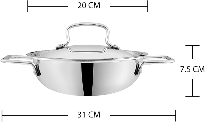 Vinod Platinum Triply Kadai, Extra Deep, 20cm, Induction, for Home Kitchen | Stainless Steel Wok For Sauces, Stews And Soups; Electric Stove Compatible, Durable Tri-Ply Base