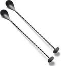 Bar Spoon Cocktail Mixing Stirrers, 2Pcs, 12” with Round Base, Black | 18/8 Stainless Steel, Long Handle, Flat Base for Tabletop Standing, Stirrer & Muddler for Coffee & Drinks