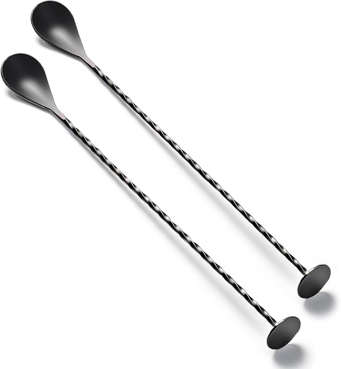 Bar Spoon Cocktail Mixing Stirrers, 2Pcs, 12” with Round Base, Black | 18/8 Stainless Steel, Long Handle, Flat Base for Tabletop Standing, Stirrer & Muddler for Coffee & Drinks
