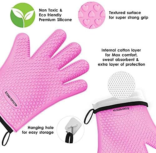 KITCHEN PERFECTION XL Silicone Smoker Oven Gloves-Extreme Heat Resistant BBQ Gloves-Handle Hot Food Right on Your Grill Fryer&Pit|Waterproof Grilling Cooking Baking Mitts|Superior Value Set+3 Bonuses | Waterproof, 5-Finger Design For A Better Grip, for...