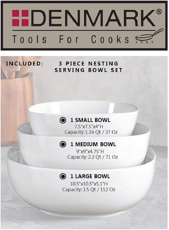 Denmark White Porcelain Chip Resistant Scratch Resistant Commercial Grade Serveware, 3 Piece Serving Bowl Set