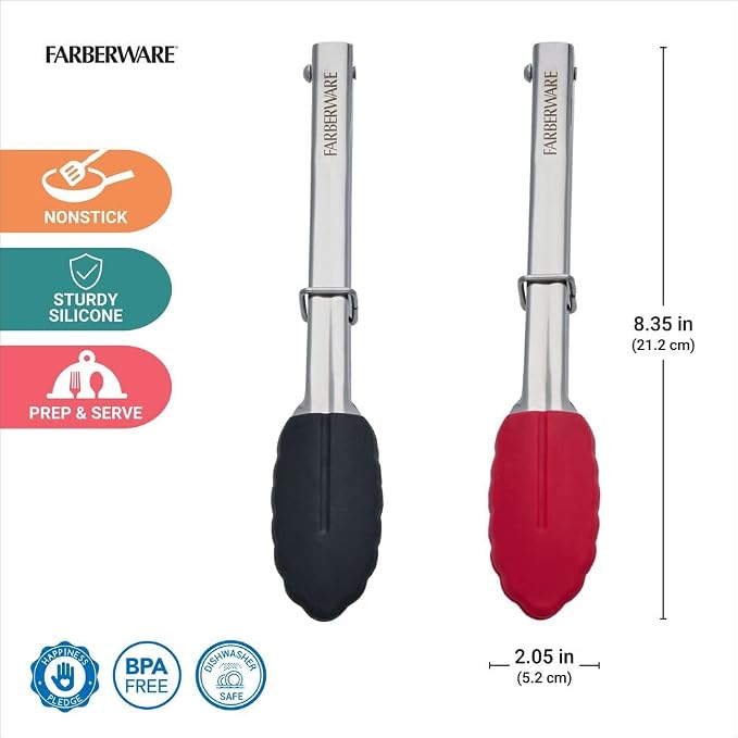 Farberware Mini Kitchen Tongs Set of 2, 7 Inch Stainless Steel Cooking Tongs with Silicone Tips, Heat Resistant to 450F, Ring Lock for Compact Storage, Dishwasher Safe, Red and Black