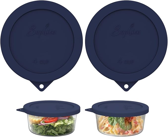 Sophico 4 Cup Round Silicone Storage Cover Lids Replacement for Anchor Hocking and Pyrex 7201-PC Glass Bowls (Container not Included) (Navy Blue-2 Pack)