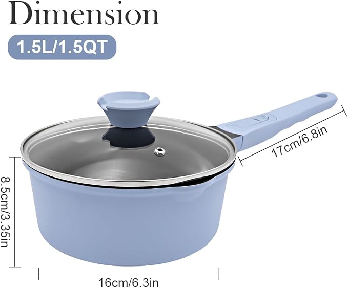 1.5 Qt Nonstick Sauce Pan with Lid, Small Sauce Pot with Pour Spout, Blue | Detachable Handle, Suitable for All Stoves, Including Induction, Oven Safe, PTFE & PFAS & PFOA Free