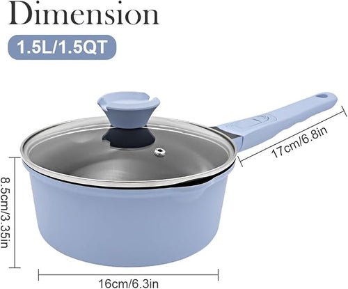 1.5 Qt Nonstick Sauce Pan with Lid, Small Sauce Pot with Pour Spout, Blue | Detachable Handle, Suitable for All Stoves, Including Induction, Oven Safe, PTFE & PFAS & PFOA Free