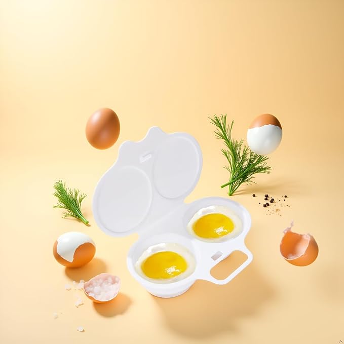 2-Cavity Nonstick Microwave Egg Poacher with Lid -White Plastic Egg Cooker for Perfect Poached Eggs