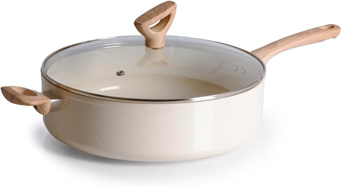 T-fal Revive Ceramic Nonstick Saute Pan with Lid, 6 Qt Forged Skillet | Recycled aluminum body, GoCeram ceramic nonstick, Thermo-Spot heat indicator, Oven safe to 350°F, Gas and electric compatible