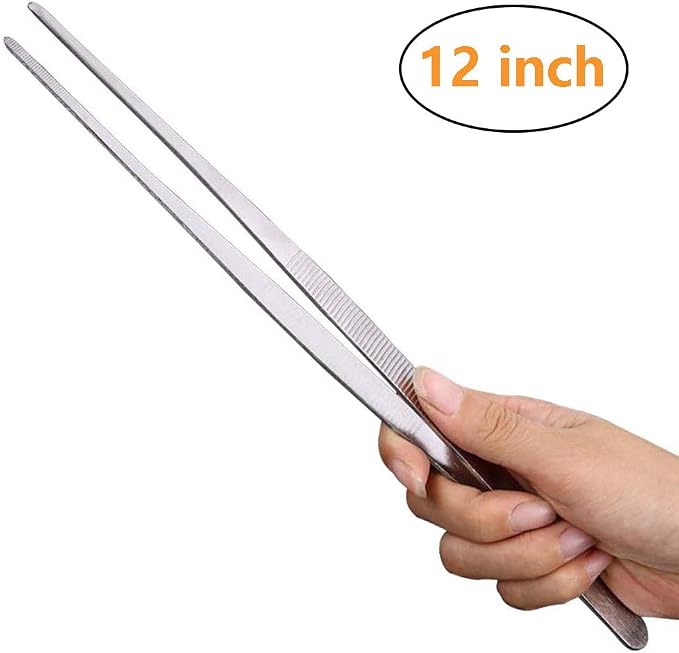 Gutsdoor Kitchen Tweezers Stainless Steel Tongs with Precision Serrated Tips for Cooking and Medical (12 Inch Straight)