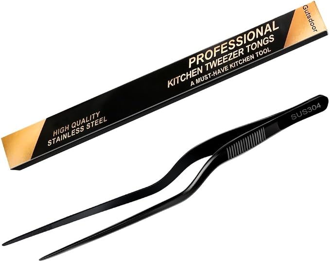 Gutsdoor 8 Inch Plating Tweezers Stainless Steel Precision Culinary Tweezer Black Kitchen Offset Tweezers Tongs