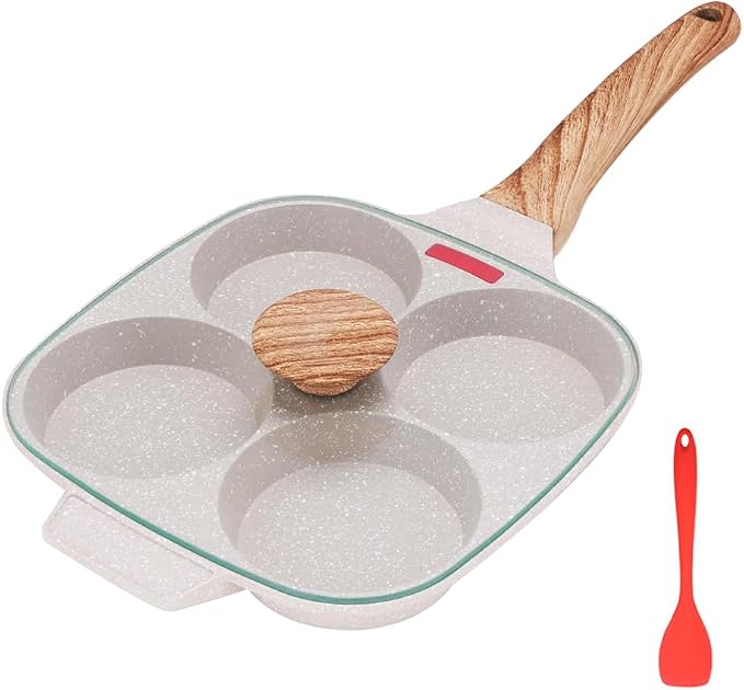 Egg Pan, Egg Frying Pan with Lid Nonstick 4 Cups Pancake Pan Fried Egg Pan for Breakfast, Gas Stove & Induction Compatible (White) | Fried Egg Pan for Breakfast, Gas Stove & Induction Compatible