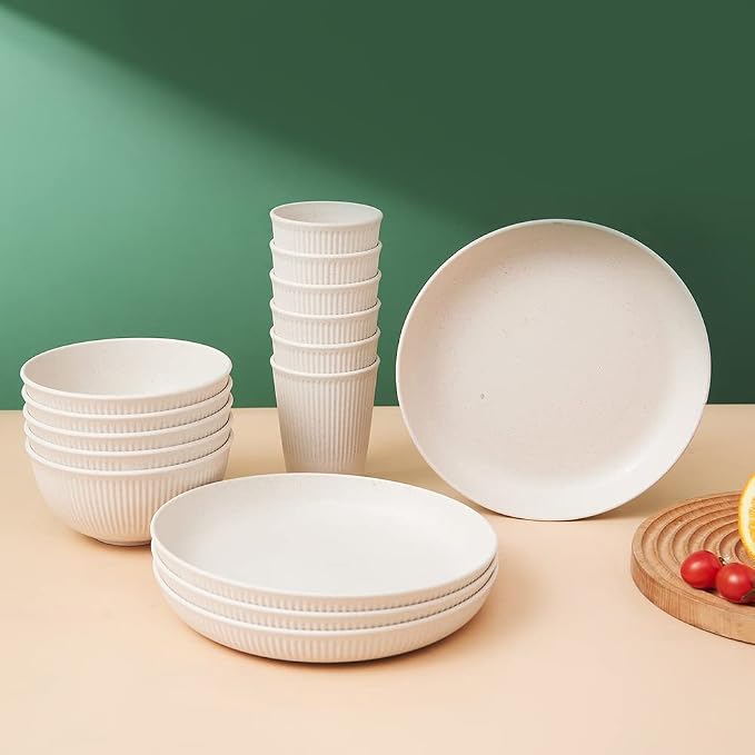 18pcs Wheat Straw Dinnerware Sets HXYPN Unbreakable Reusable Dinnerware Set | Kitchen Cups Plates and Bowls Sets Dishwasher Microwave Safe Plates