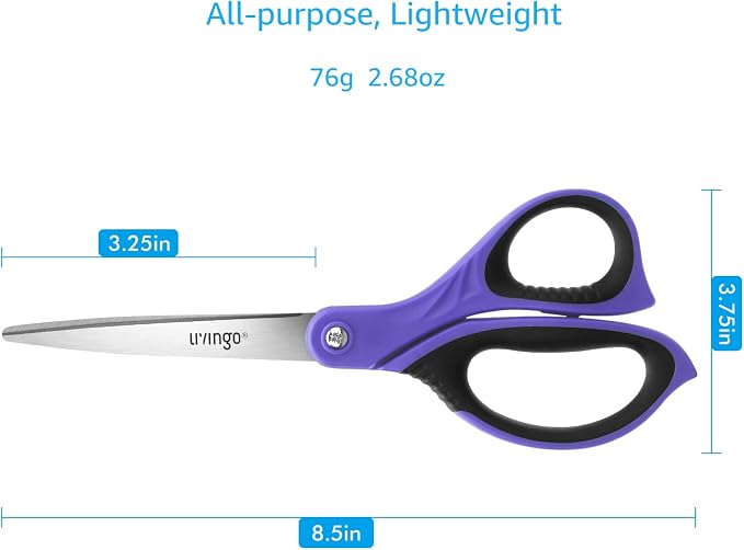 LIVINGO 3 Pack Sharp Scissors All Purpose for Office Cutting Paper, 8.5" | Comfort Grip Handles, Stainless Steel Blades, Fabric Cutting for Home, School, Sewing and DIY Crafts
