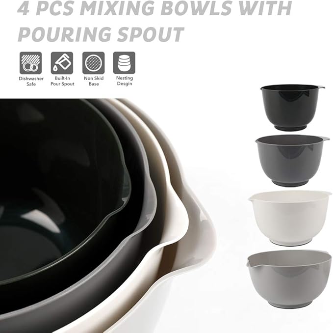 BoxedHome Classic Mixing Bowl Set of 4, BPA Free Plastic, Microwave Safe | 4.5, 3.5, 2.5 & 1.7 quarts,Non-slip Base Large Nesting Bowl with Pour Spout, Dishwasher Safe, for Prep, Cooking,Grey
