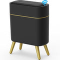 Yatmung Bathroom Trash Can Automatic Touchless - Modern Smart Trash Bin | Narrow Waste Basket for Bedroom, Laundry Room, Office, Plastic - Motion Sensor Garbage Can with Lid - Black with Gold Edge