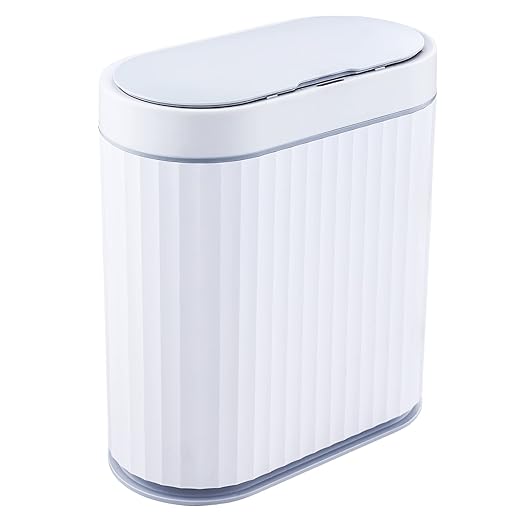 ELPHECO Bathroom Trash Can with lid 2.5 Gallon Motion Sensor White and Gray | Slim Wastebasket, Automatic Trash Bin Bathroom Decor for Bedroom and Office