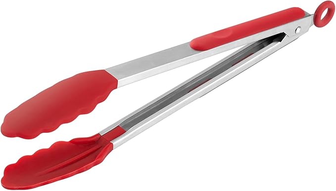 12 Inch Kitchen Tongs, Stainless Steel Cooking Tongs with Silicone Tips | For Cooking/Serving/Grilling | Heat-Resistant | Food-Grade Material | Dishwasher Safe | Red
