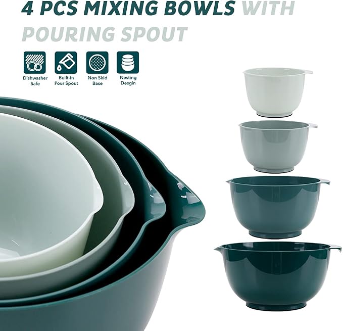 BoxedHome Plastic Mixing Bowl Set of 4, BPA free | 4.5,3.5,2.5 & 1.7qt, Microwave Safe