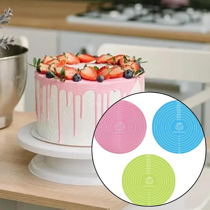 3 Pcs Silicone Cake Mats, 12 Inch Round Silicone Baking Mat with Measurements Reusable Non-Stick Non-Slip Heat Resistant Cookie Mat for Cake Turntable Pizza Dough Pastry Rolling (Pink, Blue, Green)