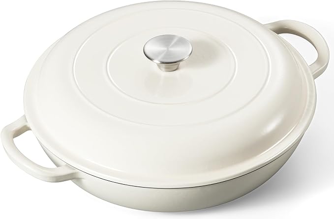 Leonyo 3.6QT Cast Iron Braiser Dutch Oven with Lid, Cream White | Nonstick Enameled Cast Iron Casserole Skillet, Cast Iron Cookware Shallow Dutch Oven with Lid for All Cooktop, Oven Safe