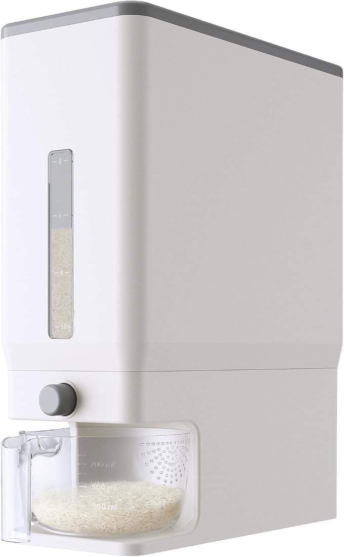 Lifewit Rice Dispenser 25 Lbs, Airtight Storage with Measuring Cup, White | BPA-Free 11.3kg Capacity Storage Container for Beans, Corn & Other Small Grains, One-Press Dispensing Bin for Kitchen Pantry