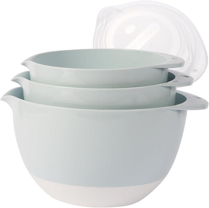 3 Small Plastic Mixing Bowls with Lids,Pour Spout,TPR Base,Mixing Bowl Set | Deep Nesting Small Batter Bowl for Serving,Prep,Baking,Non Slip,Dishwasher Safe,Easy to Grip/Spout,Pale Blue