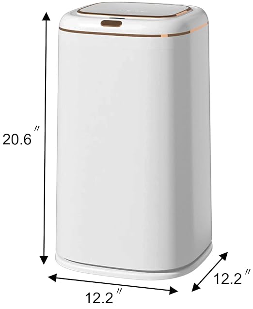 Sooyee 40L Automatic Trash Can with Lid, White with Gold Border | 10 Gallon, Smart Motion Sensor, For Bedroom, Bathroom, Kitchen, Office, 3 Opening Modes