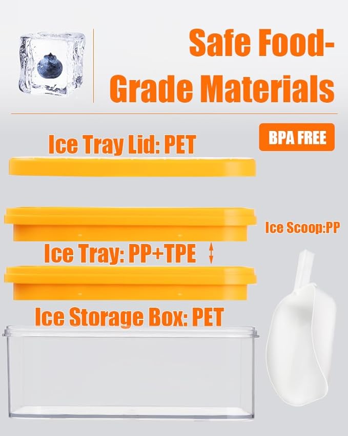 Brigii Ice Cube Tray with Lid & Storage Bin, 56 Cubes Ice Trays for Freezer | Silicone bottom easy release, press-to-pop, 2 trays 56 cubes, storage bin and scoop, BPA-free, stackable, for whiskey