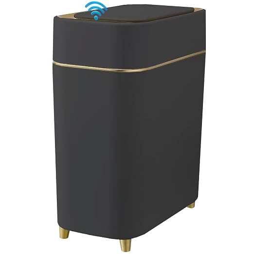 Automatic Bathroom Trash Can with Touchless Lid - Motion Sensor Trash Can | Bathroom, Bedroom, Kitchen, Laundry room, Small Spaces - Slim Smart Trash Bin - Black with Gold Edge, 1Pack