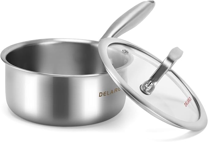 DELARLO Full-body Clad Tri-ply Stainless Steel 1.5 Quart Saucepan with Lid | Small Stainless Steel Pot Induction Cooking Sauce Pot Pan, Heavy Duty Saucier Cookware, PFOA&PTFE Free