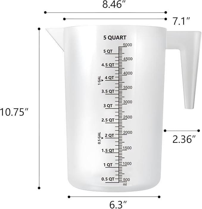 1 Gallon / 5 Quart / 5000 ml Large Plastic Measuring Pitcher with Handle, Clear Heavy Duty Mixing Pitcher with mL/QT/GAL Markings for Garden, Pool Chemicals, Motor Oil & Kitchen