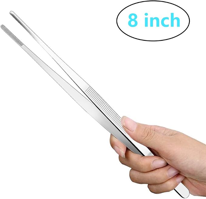 Gutsdoor 8 Inch Plating Tweezers Stainless Steel Precision Culinary Tweezer Silver Kitchen Straight Tweezers Tongs