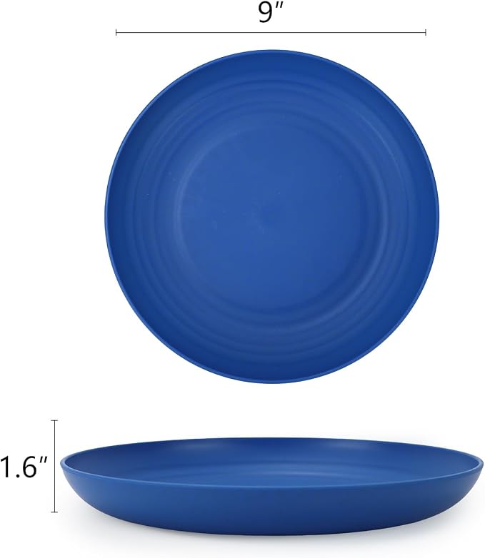 Deep Dinner Plates Unbreakable Wheat Straw Plate Set of 8 Microwave and Dishwasher Safe Kitchen Plates for Lunch, Camping, Outdoor, RV, Reusable Plastic Plates 9 inch (Ocean Series)