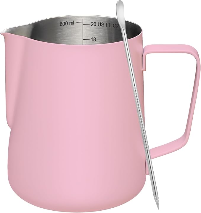 Amrules Milk Frothing Pitcher 20oz Frother Cup Barista Tools, Pink | 18/8 Stainless Steel, 20oz Capacity with Clear Scale, with Decorating Pen, Ergonomic Handle, for Cappuccino, Latte & Espresso