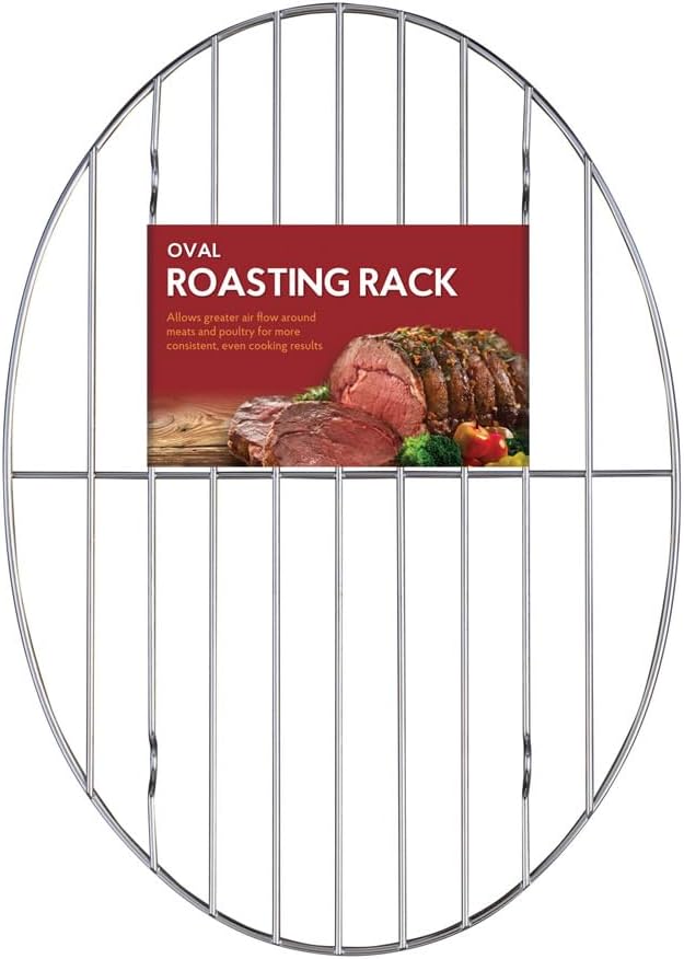 HIC Kitchen Roasting Oval Baking Rack, Chrome-Plated Steel Wire, For Even Cooking And Juicy Results, 11.75 x 8.5 x 0.375-Inches