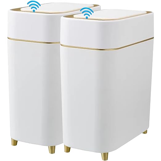 2-Pack - Automatic Compact Trash Can with Touchless Lid - Smart Garbage Can | Waste Basket for Bathroom, Bedroom, Laundry room, Small Spaces - Motion Sensor Trash Bin - White with Gold Edge
